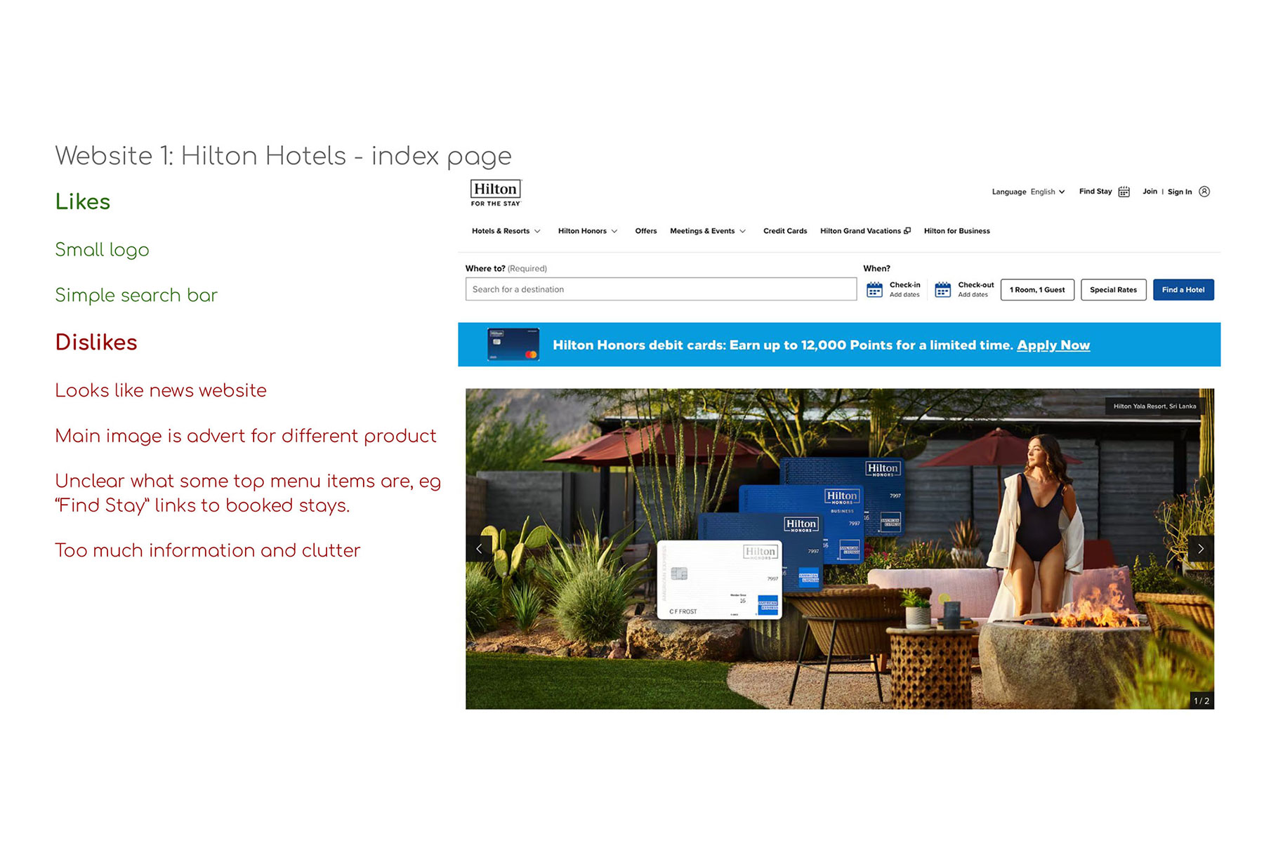 Notes made for the Hilton Hotel group website home page