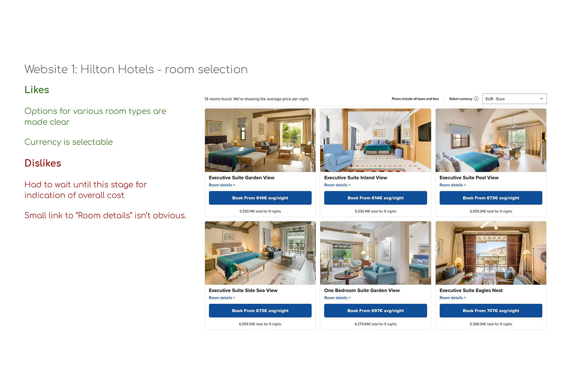 Notes made for the Hilton Hotel group room selection page