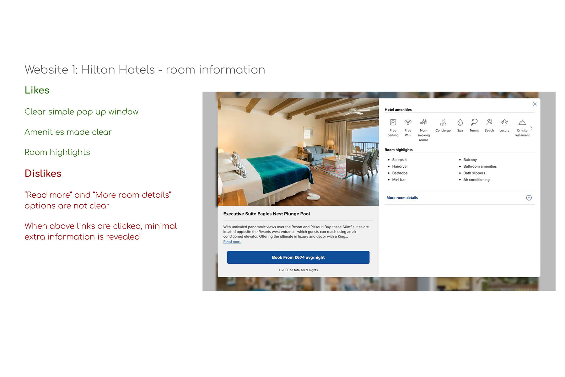Notes made for the Hilton Hotel group room information page