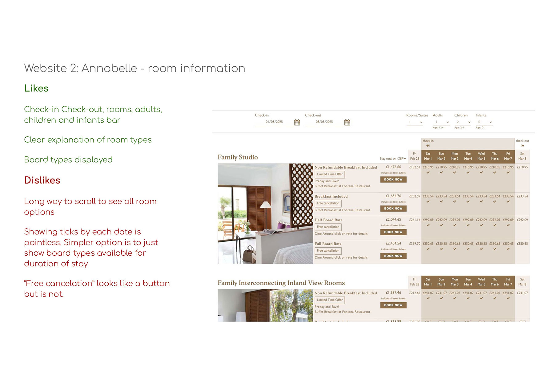 Notes made for the Annabelle Hotel room information page