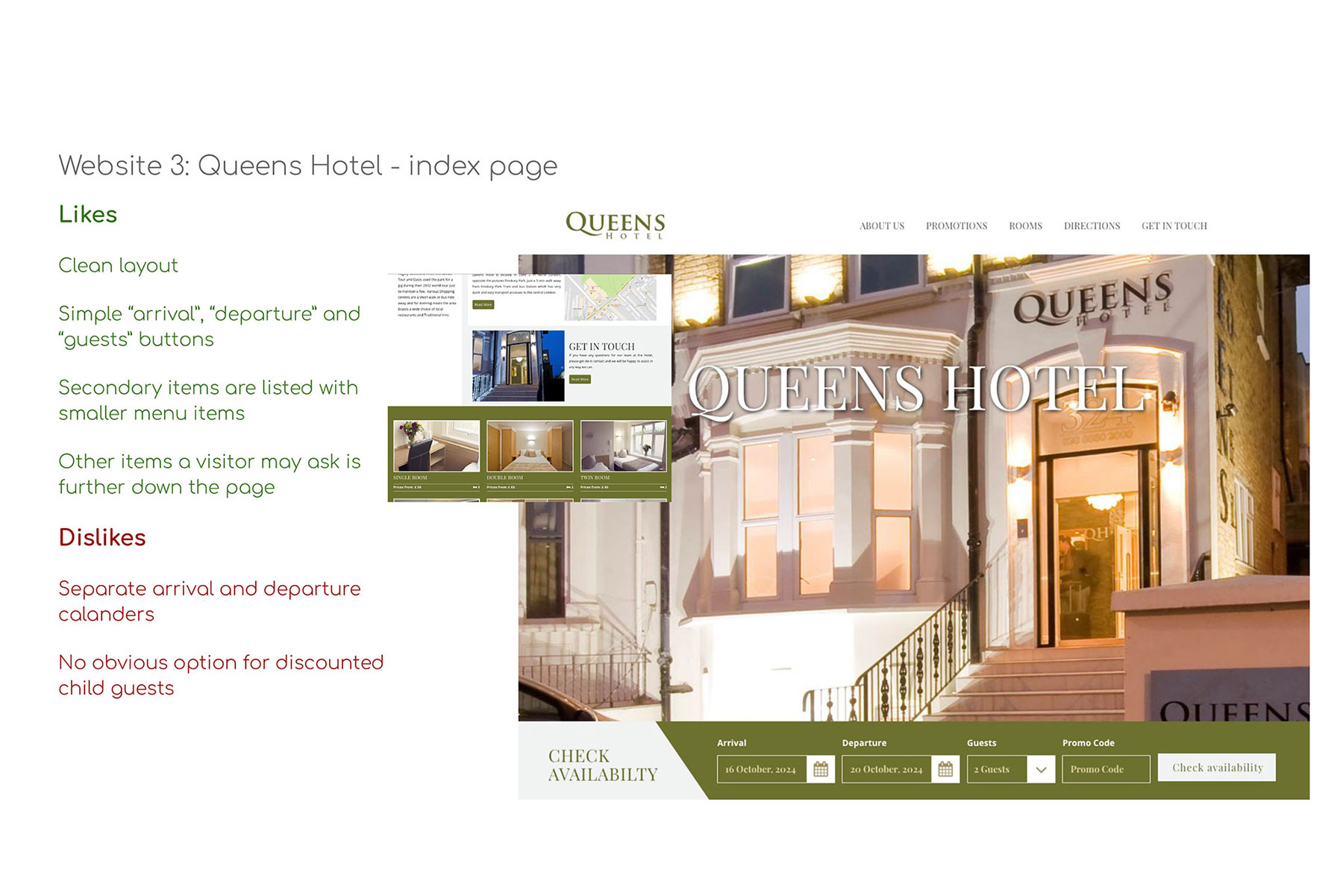 Notes made for the Queens Hotel homepage