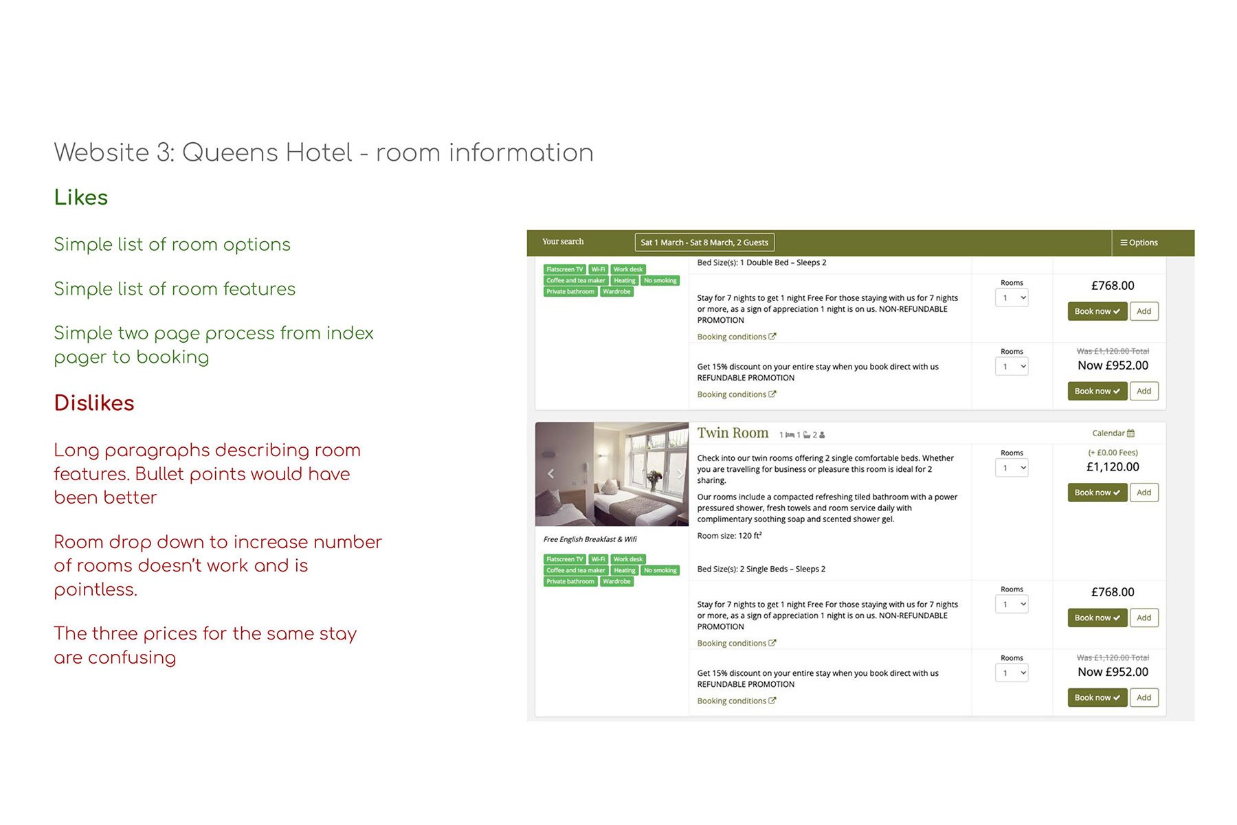 Notes made for the Queens Hotel room information homepage