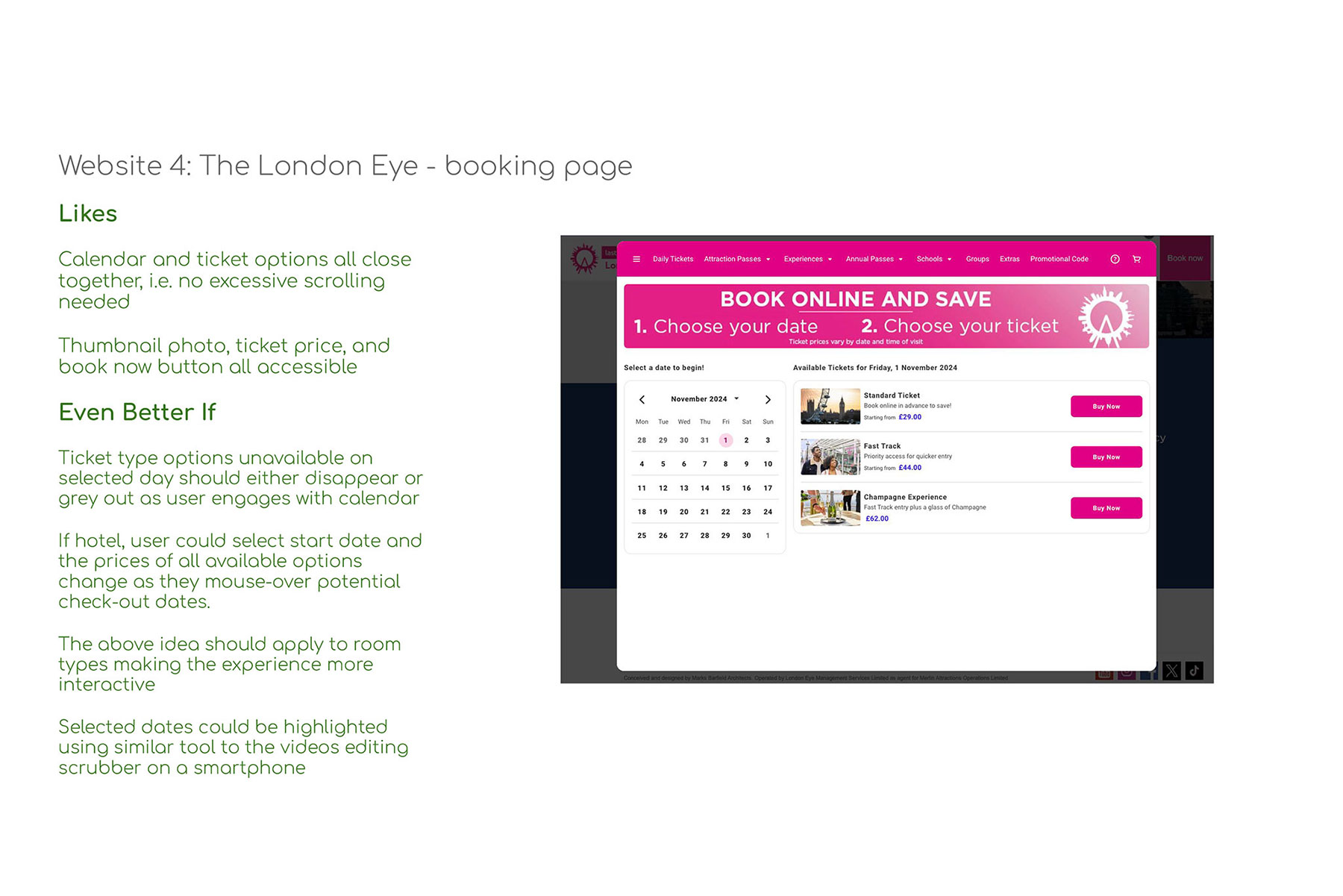 Notes made for the London Eye booking page