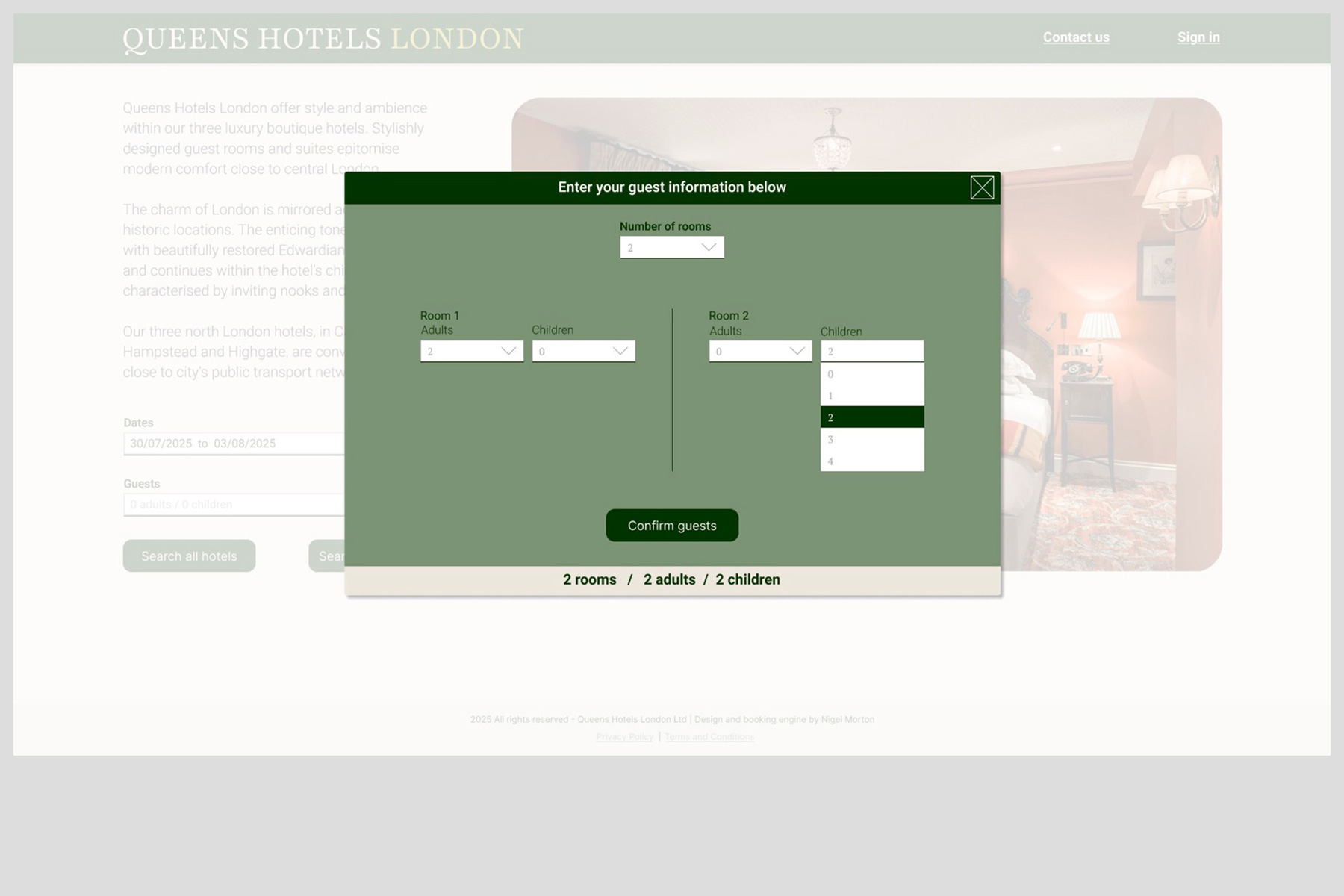 Notes made for the Hilton Hotel group room information page